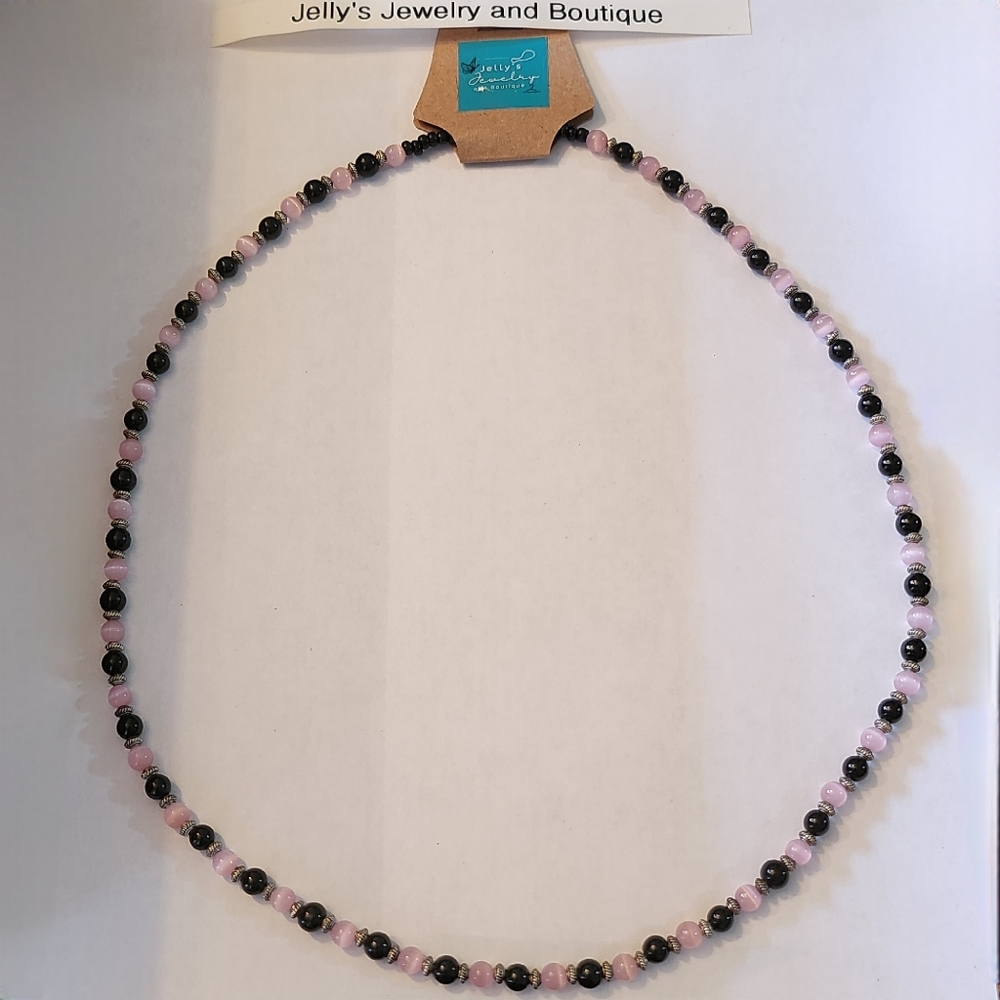 Jelly's Jewelry and Boutique Handcrafted, NWT, Pink & Black Beaded Necklace